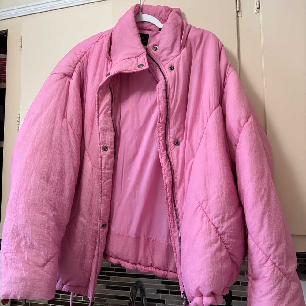 Armani Exchange Pink Puffer Jacket With Faux Fur Trim - Picture 2 of 9
